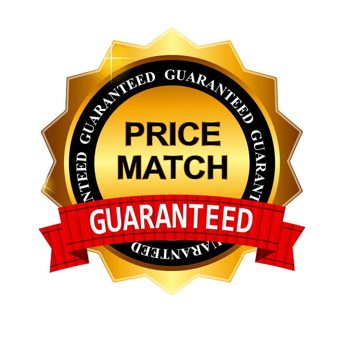 A gold price match guarantee badge on a white background for SINGLE product.